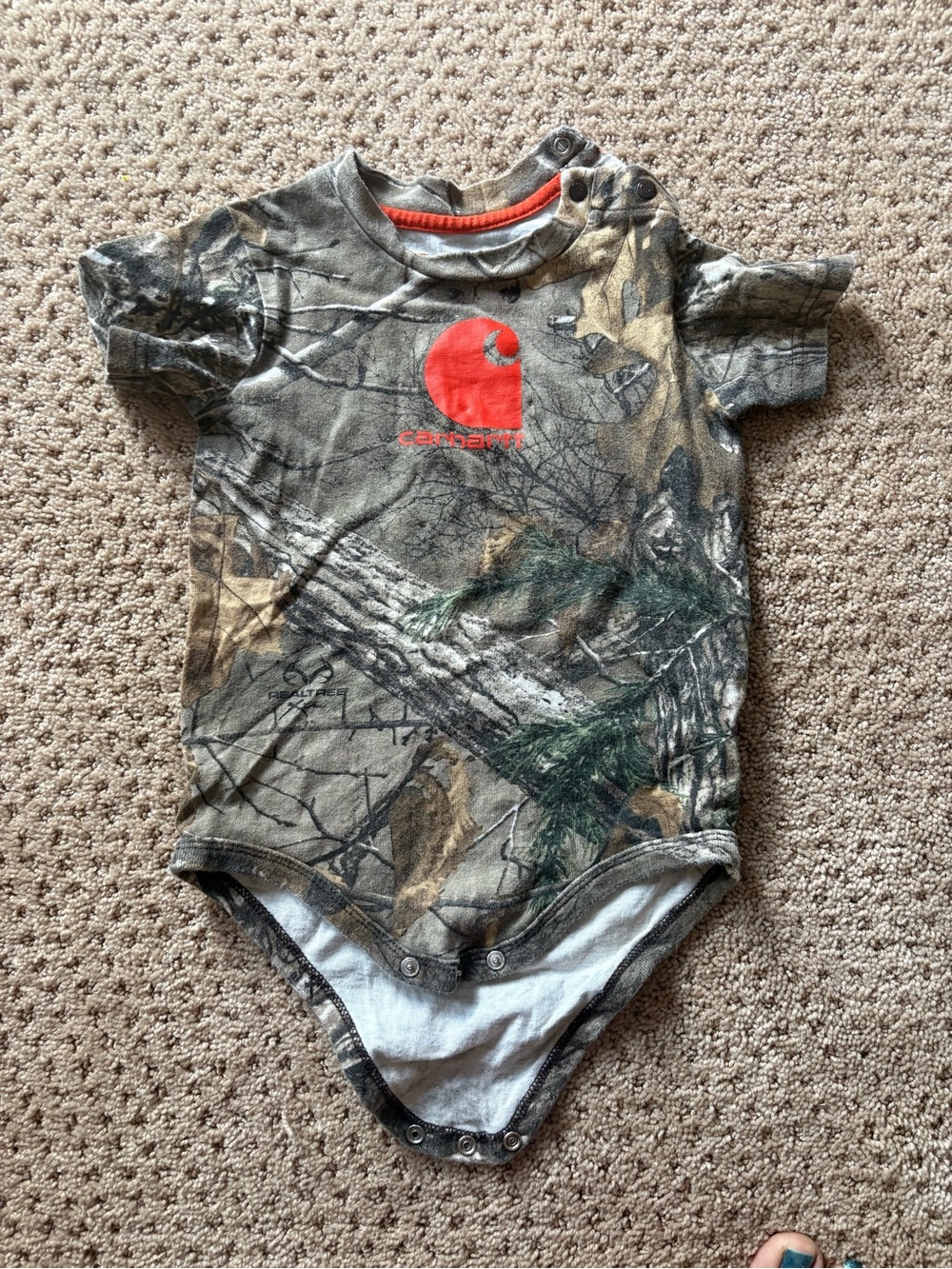 Carhartt Camo Baby Bodysuit/onsie with Bright Orange Logo